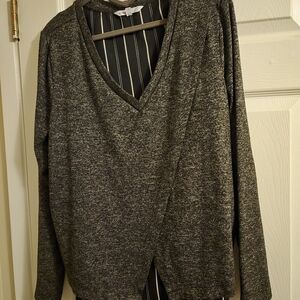 Cleo Black and Gray Striped Top Split Front Twofer